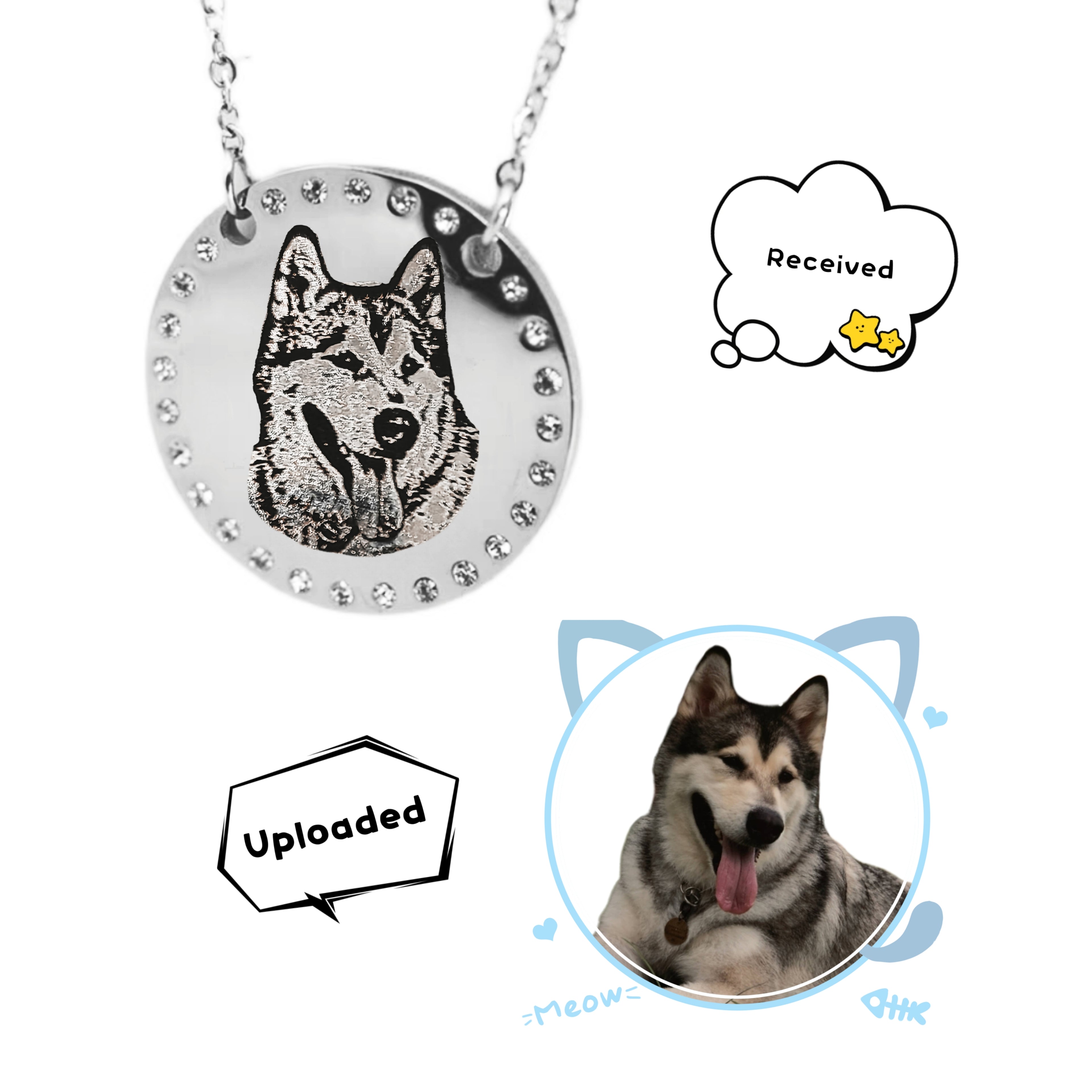 Circle-Shaped Necklace set with diamonds / Custom Pet Necklace /Cat Drawing / Dog Drawing / Personalized Gift / Portrait / Pet Jewelry